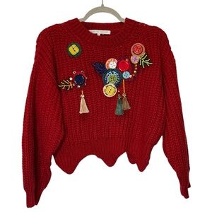 English Factory Festive Red Sweater with Colorful Embellishments Size XSmall